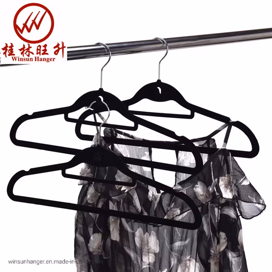 Cabide de veludo preto cabide de plástico flocado com mini gancho