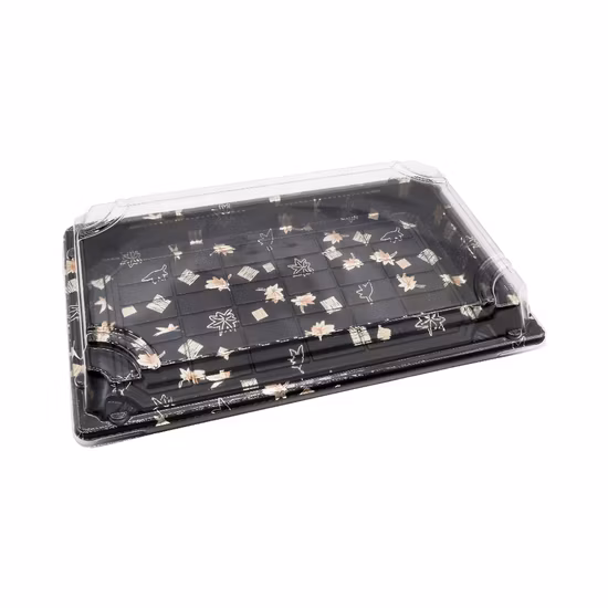 Roku retângulo Sakura caixa de comida de plástico preto bandeja de sushi para viagem com tampa transparente